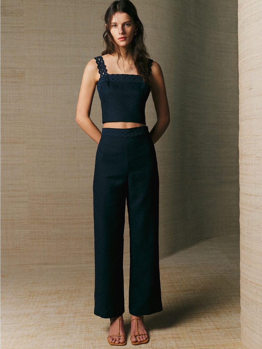 Sézane Fausto - Navy Straight-Leg High-Waist Linen Pants
